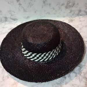 Black Straw Hat with Black/White Ribbon Detail